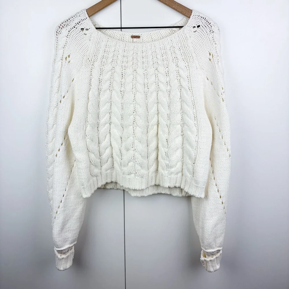 Free People Sandre Pullover Sweater White Cable Knit Crop Cotton Blend Medium - Picture 2 of 7